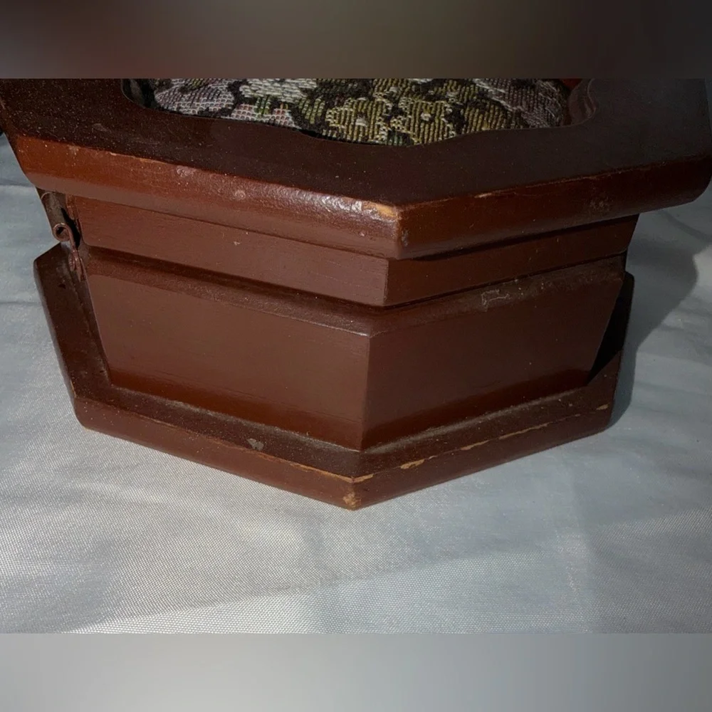 Vintage Octagon Wood Jewelry Box | Floral Needlepoint Lid & Mirror